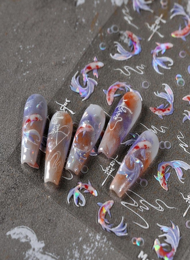 Maigitur 5D Embossed Fish Nail Stickers Koi Nail Art Stickers Self-Adhesive Chinese Nail Decals Chinese Style for Nail Art Bubble Nail Supplies Spring Stickers for Women Girls DIY Manicure - Image 1